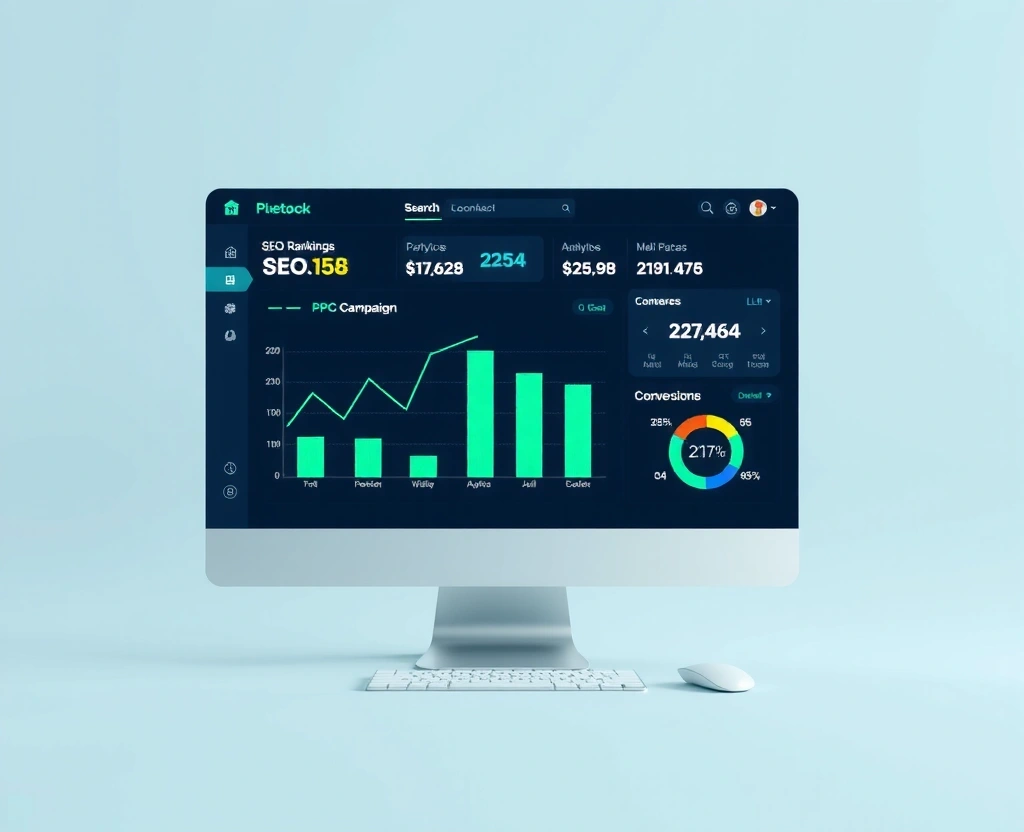 Digital marketing analytics dashboard showing SEO rankings, PPC performance, and conversion metrics